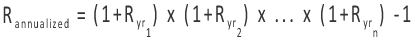 Geometrically linking monthly period returns to calculate quarterly returns.